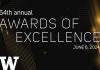 Logo for 54th Annual Awards of Excellence. Background black with gold rays of light. In large print in center of page: "54th annual Awards of Excellence, June 6, 2024." White W down in right-hand corner.