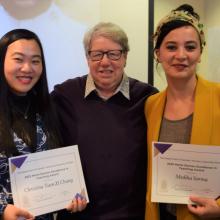 Christina Yuen Zi Chung and Mediha Sorma with Marie Doman, the benefactor of the Marie Doman Excellence in Teaching Award 