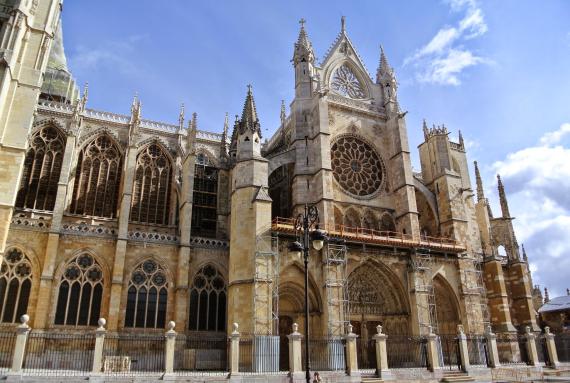 The outside of the Cathedral of Leon, a gothic cathedral in Leon, Spain.