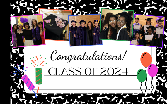 Background resembling a composition notebook with the words 'Congratulations!' on one line above 'Class of 2024.' Above the text are square photos of students from graduation day. Surrounding the text are stickers of balloons and fireworks.