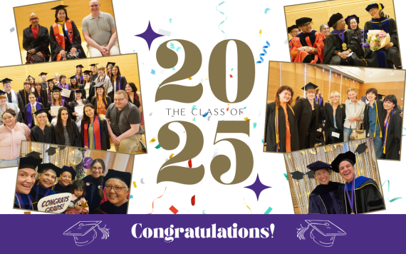 Collage of celebratory photos featuring students, faculty, and families at a graduation ceremony. In the center, large gold text reads “Class of 2025” surrounded by colorful confetti and streamers. Below, a purple banner reads “Congratulations!” with graduation cap icons on either side.