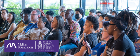 Side view of a diverse seated audience. In the bottom left corner, the logos for the Mellon Foundation and the Department of Gender, Women & Sexuality Studies in white with a purple background.