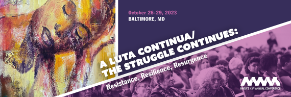 Logo for 2023 NWSA Conference. On the left, an artistic rendering of a black woman with her eyes closed leaning her head on her palm. To the right, two uneven purple triangles. The top triangle is a dark purple with the date and location of the conference (Oct 26-29, 2023. Baltimore, MD). The bottom triangle is light purple with an image of women at a conference. The NWSA logo is in the bottom right-hand corner. Splitting the two triangles is the conference name running diagonally across the page.