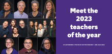 On left, grid outline of photos of 2023 teaching award recipients. On right, purple background; in large white print: "Meet the 2023 teachers of the Year;" in small white print: "By Jon Marmor | Photos by UW Photography | June 2023 Issue"