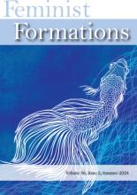 The cover of Feminist Formations, Volume 36, Issue 2, Summer 2024, features an abstract, white line drawing of a fish with long, flowing fins on a deep blue background. The title "Feminist Formations" is written at the top in light blue and white text. The issue number and date are noted at the bottom.