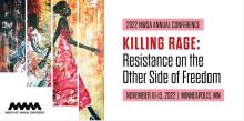 NWSA 2022 Conference Logo. 2 panels. On the left an image of a young black woman in a red dress walking confidently to the right. On the right, the conference name. 
