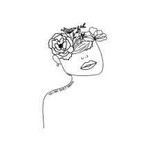 Pencil line drawing of a shoulder and face with flowers growing out of the head. On the line of should it reads "you are simply enough"