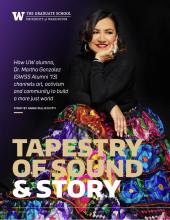 Martha Gonzalez seated and smiling, wearing a black top and a colorful embroidered skirt.