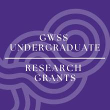 Purple graphic with abstract swirling shapes and white text reading “GWSS Undergraduate Research Grants.”