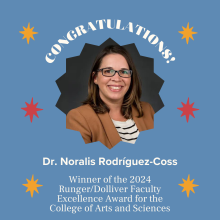 Slide with blue background and stars with a picture of Dr. Rodriguez-Coss in the center. Over her image, the word "Congratulations," and below her image her name and the title of the award.  