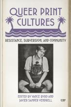 Book cover for Queer Print Cultures: Resistance, Subversion, and Community. The cover features purple text and palm tree illustrations above a black-and-white photograph of a smiling young person seated and wearing lederhosen. Edited by Vance Byrd and Javier Samper Vendrell.