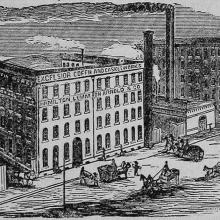 Illustration of Pittsburgh around the turn of the century. Image features a large building with the name "Excelsior Coffin and Casket Works" written on the front. There are people and carriages on the street in front of the building.