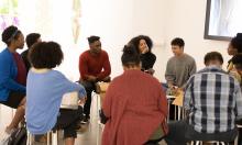 Assistant Professor Kemi Adeyemi and new media artist Shawné Michaelain Holloway meet with Black Embodiment Studio students.