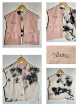 A grid of five photos. Clockwise from top left: a short pink vest with pockets, a pin that reads "Celine" in cursive over the right breast, and a pink, black and white tie-dye interior; image of the vest with one side open to show a better view of the tie-dye; close-up of the wire pin; image of the back of the vest with the tie-dye worn on the outside; image of the front of the vest reversed to show the tie-dye.  