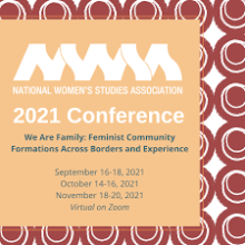 2021 NWSA Conference Logo. Orange background with a swirly red border.