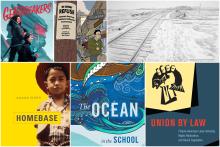 Collage of AAPI book covers and art work by faculty