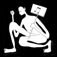 A black and white line art drawing of a figure squatting with one arm in the air and the other holding a sign with a music note on it