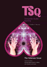 Journal cover of Transgender Studies Quarterly. Mostly black page with white and pink font. Featuring image of an upside down heart with hands inside and a glittery background. 