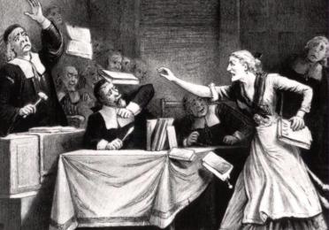 Black-and-white illustration of a chaotic courtroom, with a woman angrily confronting a seated man as a judge looks on.