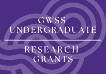 Purple graphic with abstract swirling shapes and white text reading “GWSS Undergraduate Research Grants.”