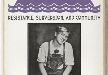 Book cover for Queer Print Cultures: Resistance, Subversion, and Community. The cover features purple text and palm tree illustrations above a black-and-white photograph of a smiling young person seated and wearing lederhosen. Edited by Vance Byrd and Javier Samper Vendrell.