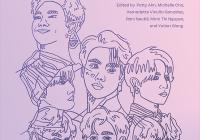 Cover of Bangtan Remixed. The cover has a pink background with yellow and white lettering. It features purple line drawings of the heads of BTS group members.