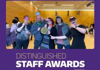 Two photos with people holding photo props within a purple banner reading "Distinguished Staff Awards 2026"