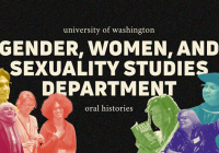 Banner for the GWSS Oral History website. A black background features “Gender, Women, and Sexuality Studies” in bold block text at the center, with “University of Washington” above and “Oral Histories” below. Along the bottom are colorful images of people connected to the department.