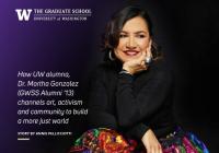 Martha Gonzalez seated and smiling, wearing a black top and a colorful embroidered skirt.