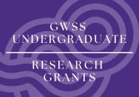 Purple graphic with abstract swirling shapes and white text reading “GWSS Undergraduate Research Grants.”