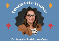 Slide with blue background and stars with a picture of Dr. Rodriguez-Coss in the center. Over her image, the word "Congratulations," and below her image her name and the title of the award.  