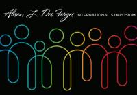 Marketing image for the Alison L. Des Forges International Symposium. Black background. At the top in cursive white-font, the name of the symposium. Underneath, people represented by circles (as heads) and a swirling loop (for bodies) in a rainbow of colors.
