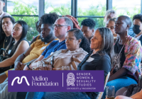 Side view of a diverse seated audience. In the bottom left corner, the logos for the Mellon Foundation and the Department of Gender, Women & Sexuality Studies in white with a purple background.