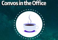 "Convos in the Office" logo featuring a steaming cup of coffee in a white circle with dashed lines, set against a teal background. The text "A CHID Podcast" appears below.