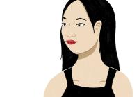 Graphic image of an Asian woman with long black hair, wearing a tank top and looking left. Above the image is the name of the woman pictured, "Christina Yuen Zi Chung"