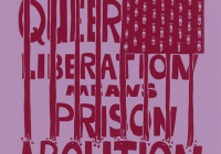 GLQ Journal Cover: pink background with dark pink text made to look like the sideways outline of the American flag with the words "Queer Liberation Means Prison Abolition" behind the the stripes, which look like prison bars 
