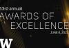Logo for 53rd Annual Awards of Excellence. Background black with gold rays of light. In large print in center of page: "53rd annual Awards of Excellence, June 8, 2023." White W down in right-hand corner.
