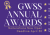 Purple banner with white and gold lettering. On the left it reads "GWSS Annual Awards" above a gold line with "nominations now open, deadline April 30" underneath. To the right of this text are 6 bullet points in the shape of stars, each one listing a different GWSS award.