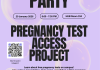 Flyer announcing a “Pregnancy Test Access Project” launch party on January 20, 2026, from 6:00–7:30 PM in HUB Room 334, with information about free pregnancy tests on campus, snacks, health resources, and a presentation.