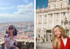 Two side by side photos. The one on the left features a young woman (Sana Shetty) sitting on a rock wall with the city line of Lisbon in the background. The one on the right features a young woman (Stephany Janssen) posing for a photo in front of the Royal Palace of Madrid.