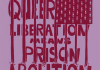 GLQ Journal Cover: pink background with dark pink text made to look like the sideways outline of the American flag with the words "Queer Liberation Means Prison Abolition" behind the the stripes, which look like prison bars 