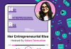 A promotional graphic for Her Entrepreneurial Rise, a podcast hosted by Kelen Tamurian. The image features a podcast player with the show's title, a photo of Kelen, and icons related to audio and entrepreneurship on a purple background. Text reads "New Podcast!" and "Listen now.