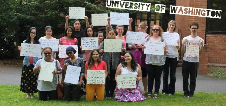 Students with who needs feminism campaign posters