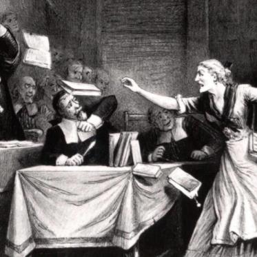 Black-and-white illustration of a chaotic courtroom, with a woman angrily confronting a seated man as a judge looks on.