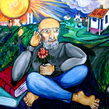 A vibrant painting depicting Brazilian educator Paulo Freire, a leading advocate of critical pedagogy. He sits cross-legged holding a rose, surrounded by books, rural workers, and scenes of education and liberation.